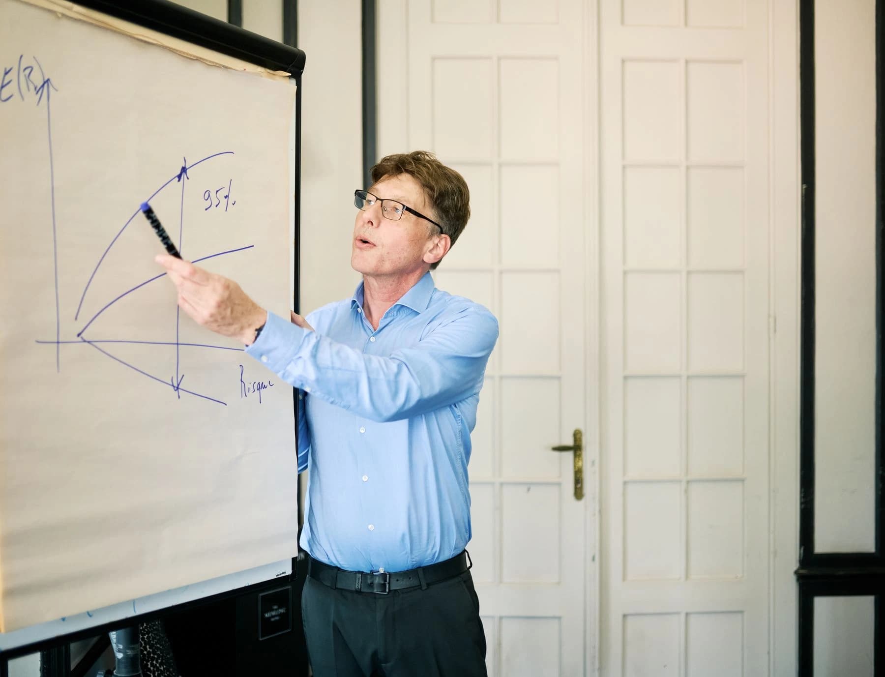 Mathias Schmit tekent de efficiënte grens op de flipchart tijdens een opleiding