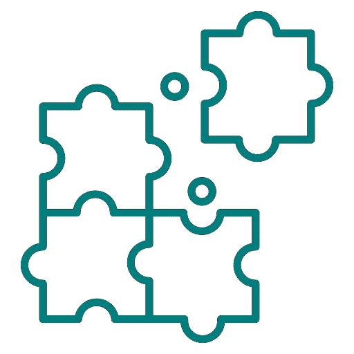 Une illustration démontre la rigueur pédagogique avec trois pièces de puzzle interconnectées et une pièce supplémentaire au-dessus, toutes décrites en bleu sarcelle pour symboliser la résolution de problèmes, élément clé de la méthode qu'utilise Sagora pour donner ses formations.