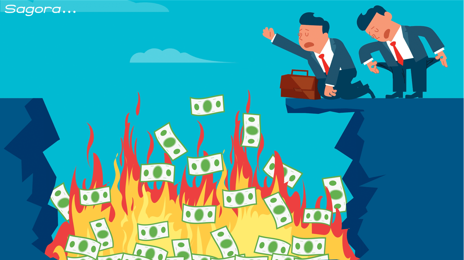 Two businessmen in suits are standing on the edge of a cliff. They look distressed as they see one-dollar notes engulfed in flames at the bottom of the ravine. One man is holding a briefcase and the other is bent over. The sky is clear with a few clouds in the background.