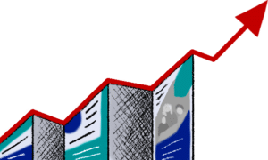 A red upward arrow on a graph with sections of blue and grey bars, indicating growth or progress, is used to illustrate the finance training brochures provided by Sagora in Luxembourg and Belgium (Brussels and Knokke).