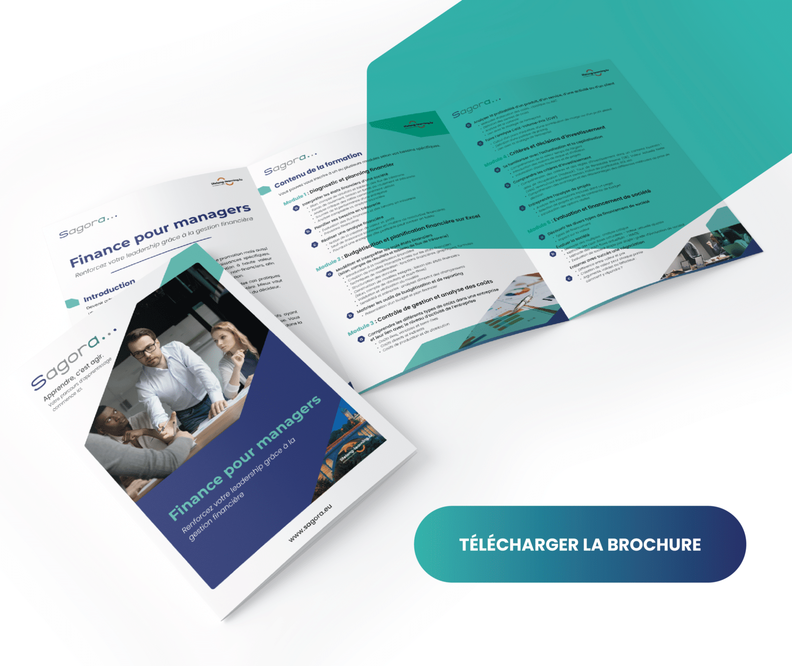 Une image promotionnelle présente une brochure trifold avec le texte "Finance pour Managers" de Sagora. La mise en page professionnelle présente des images de personnes dans un contexte professionnel, et un bouton bien visible indique "Télécharger la brochure". Figurent également des infos pratiques concernant la formation qui se tiendra au Luxembourg d'Octobre 2024 à Avril 2025.